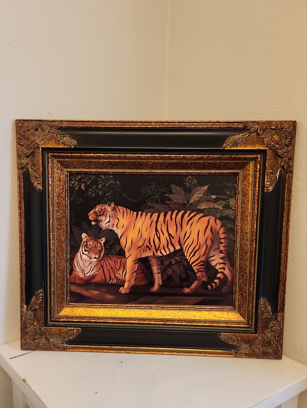 Tiger Art Print in Black and Gold Ornate Frame - Unbranded